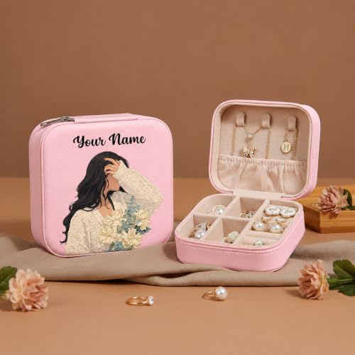 Image of PRIMIT Personalized Jewelry Box with Name & Birth Flower - Custom Travel Jewelry Organizer Case - Bridesmaid, Birthday, Christmas Gift for Women & Girls (Blush Serenity)