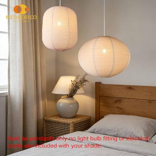 Image of METHEDEECO 2-Piece Hanging Lamp Shade Set, 1 Oval 20x15 in + 1 Cylinder 13.5x17 in, Faux Linen Fabric Pendant Light Shades, Foldable Minimalist Pendant Lantern Shades, Nature Beige, Shades Only