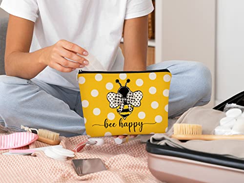Bee Gift - Bee Themed Gifts for Women Yellow Cute Makeup Bag, Bee Happy Inspirational Bow Dots Honey Bumble Cosmetic Bag Zipper Travel Toiletry Bag, Christmas Birthday Gift for Teen Girls Women4
