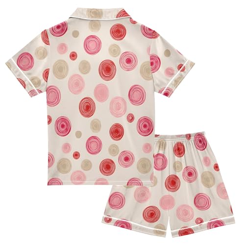 Red Circle Cartoon Pattern Summer Satin Pajama Set, Cute Button-Down Sleepwear Pj Set for Sleep Wears2