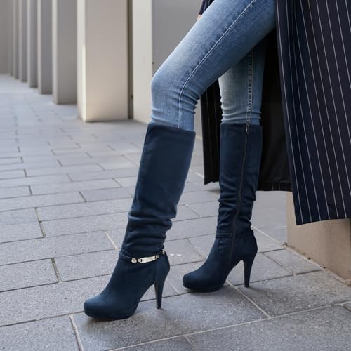 DREAM PAIRS Women's Knee High Platform Heel Boots,Size 8.5,Navy-N,SARAH