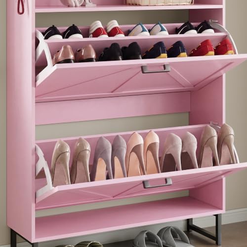 Image of BORNOON Shoe Cabinet with 2 Flip Drawers Narrow Shoe Storage Cabinet Organizer Wooden Freestanding Rack Hidden Slim Storage for Entryway, Hallway, Living Room, Bedroom