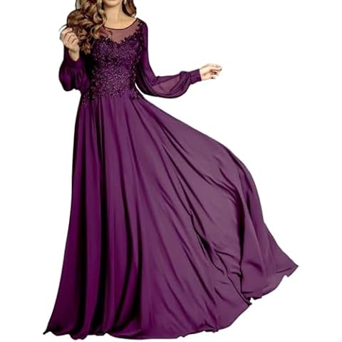 Absyore Long Sleeve Mother of The Bride Dresses for Wedding Chiffon Lace Fall Formal Evening Dress Autumn Party Prom Gown Plum US20W Cover