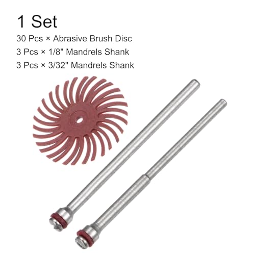 Image of HARFINGTON 30pcs Radial Bristle Disc Set 1 inch 220 Grit Detail Abrasive Brush Kit Gap Polishing Wheel Assortment with 1 /8 inch 3 /32 inch Shank Mandrels for Jewelry Wood Metal Polishing Cleaning, Red