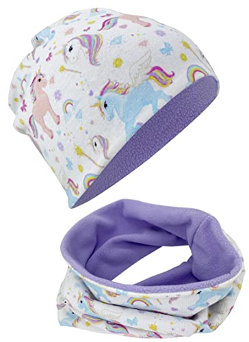 Unicorn Kids Girls Beanie Hat & Loop Scarf Set - with Fleece - 95% Cotton - Soft & Easy Care Stretch Material