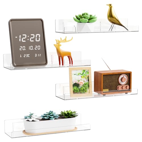 Yieach 4 Pack Acrylic Shelves for Wall Storage No Drilling Adhesive Shelves Clear Stick On Bathroom Wall Shelf Organizers Plastic Floating Shelves for Perfume Funko Lego Skincare Bookshelf for Kids