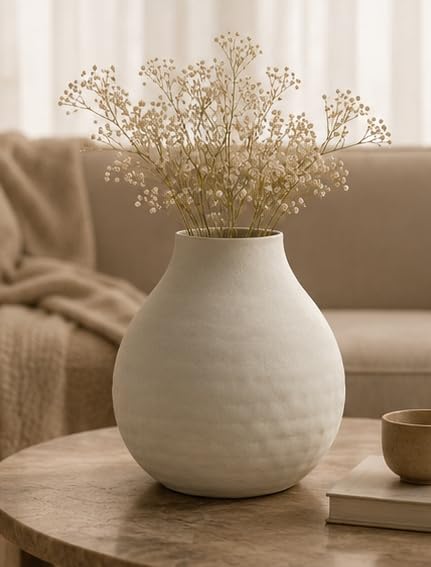 Luxury Matte Metal Vase for Home Decor | Nordic Minimalist Flower Vase | 10 Inch Table Decor Vase (Cream)-image-13