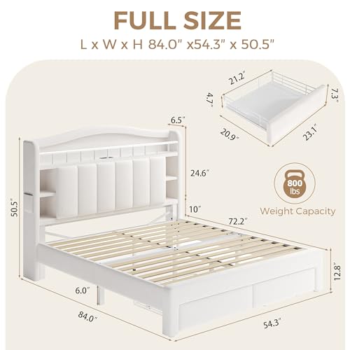 Image of Full Size LED Bed Frame with Storage Headboard, Upholstered Velvet Wood Princess Bed for Girls with 5 Charging Ports (USB-C & AC), Hidden Compartment, Sturdy Aluminum Frame & 2 Silent Drawers Beige