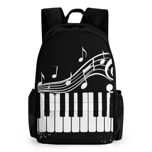 Daypack Bookbag Multipurpose Anti-Theft Big Capacity Carry On Bag - Black And White Piano Keys With Musical Notes Travel Hiking & Camping Rucksack With Padded Straps