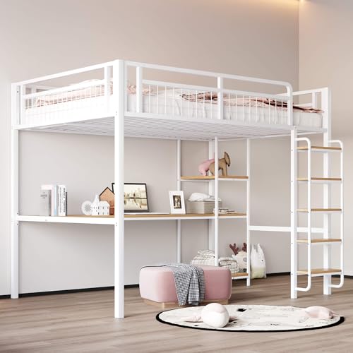 HYUB Cama alta de 140 x 200 cm con escritorio y espacio de almacenamiento, litera con escalera y protección anticaídas, marco de cama con somier, cama para niños y adolescentes, color blanco