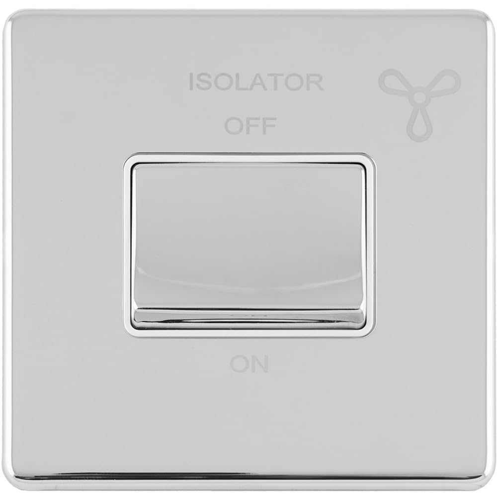 SCREWLESS 6A Extractor Fan Isolator Switch Polished Chrome 3 Pole Shower Plate - 230V Bathroom Wetroom Fan Switch Wall Plate