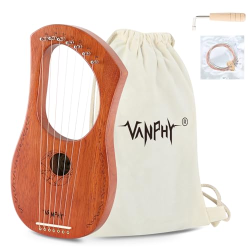 Lyre Harp VANPHY Lyre Harp 7 Strings Mahogany Body Metal String for Beginner Harps Classical Style Harp Instrument with Tuning Wrench Strings Gig Bag (Wood)