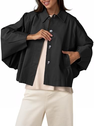 Image of Cicy Bell Womens Cropped Jacket Lightweight Batwing Sleeve Trendy Casual Short Trench Coats Button Up Outerwear