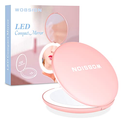 Wobsion Compact Mirror With Light, 1X/10X Magnification Travel Makeup Mirror, Handheld 2-Sided Mirror, Compact Mirror For Purses, 3.5 Inch Small Pocket Mirror For Handbag,Purse,Pocket,Round,Pink #TOP7