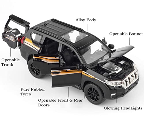 Image of 1:32 Scale Toyota Prado Toy Car | Metal Pullback Diecast Car for Kids with Openable Doors, Sound, Light Effects Toy for Car Enthusiasts (Color As Per Available),black
