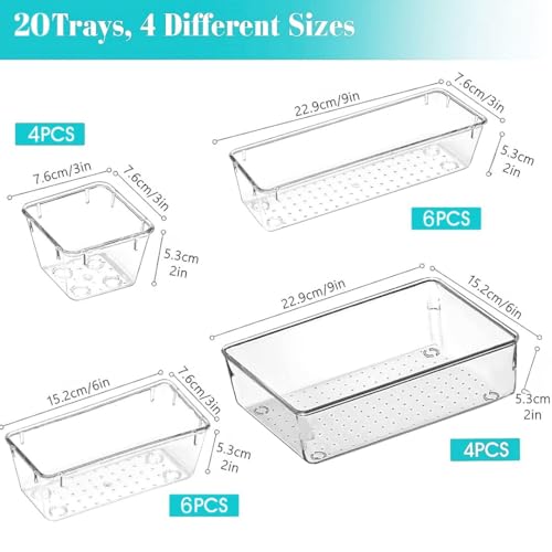 Image of TONY STARK 20-Piece Unbreakable /Non scratchable Drawer Organizer Set|Multi-Purpose Storage & Divider Trays in 4 Sizes|Dressing Table & Cosmetic Organizer|Kitchen, Office & Bedroom (Clear Transparent)