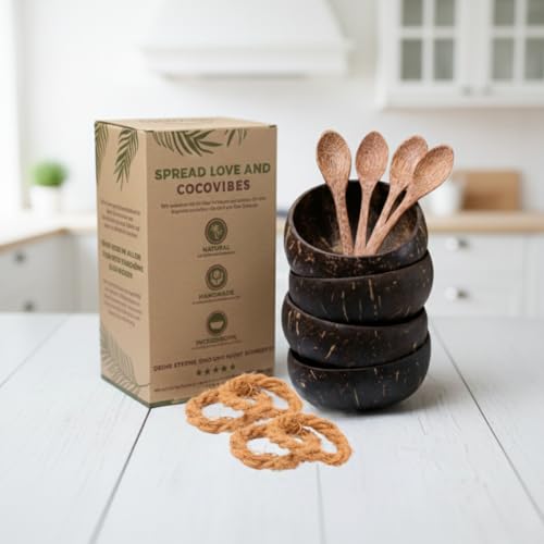 cocovibes Kokosnuss Bowls - 4er Set Müslischalen, Smoothie Kokosnuss Schalen mit Anti-Kipp-Ring & Holzlöffel - nachhaltige Dessert & Buddha-Schalen (CLASSIC-4)