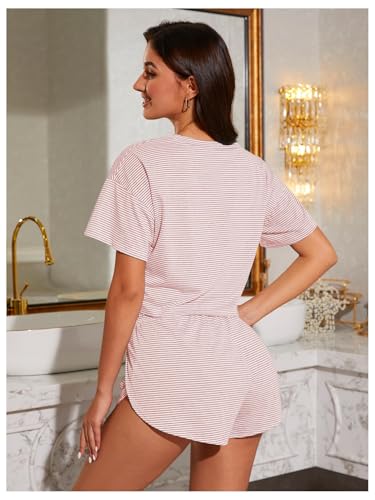 Image of OYOANGLE Womens Pajama Sets 2 Piece Sexy Lounge Sets Summer Cute Pjs Striped Print Tee and Side Split Shorts Set