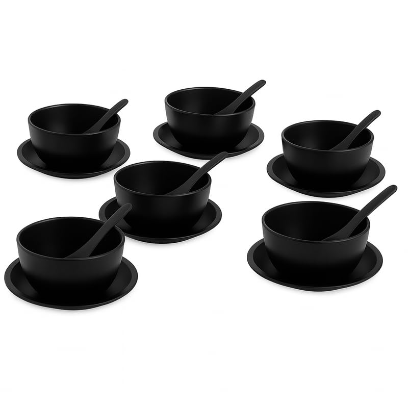 Image of Ariya Melamine Soup Bowl Set of 6 (Black /Plain, 350 ml) with Spoon & Saucer|Microwave & Dishwasher Safe|Premium Serving Bowls for Soup, Noodles, Cereal, Pasta & Oatmeal|Durable,Serving Bowls Sets