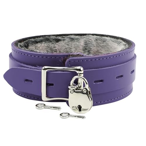 VP Leather Austin Latigo Leather Collar - Chinchilla Faux Fur Lined - Nickel-Plated Studs, Buckle & D-Ring - Lockable Buckle