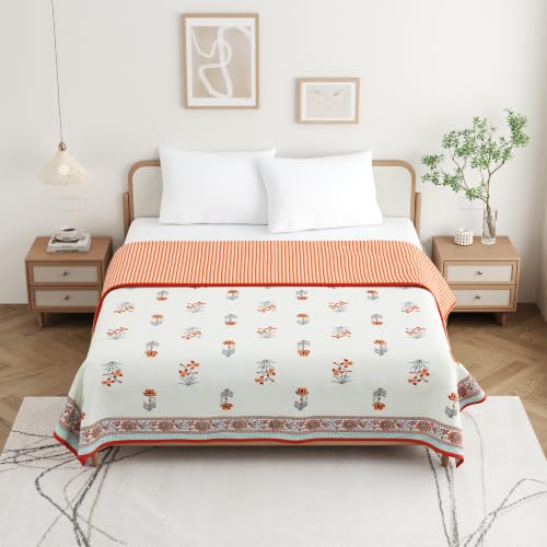 Image of BLOCKS OF INDIA 100% Cotton Dohar King Size Reversible Hand Block Printed Malmal Summer Dohar /Blanket (Grey Orange Flower)