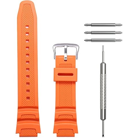 WRISTARMOR men's resin watch band Replacement for Casio AE-1100w SGW-300H AE-1000w AE-1200 W-218H waterproof sport Watch strap(Orange Silver buckle) Cover