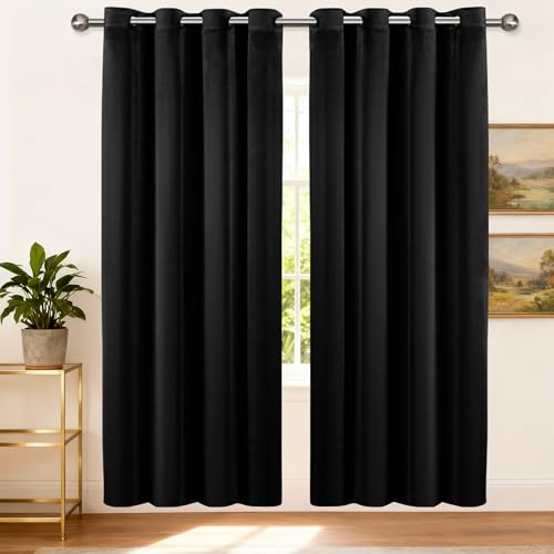 Imperial Rooms Crushed Velvet Curtains for Living Room 66x72 Inch Dope Eyelet Blackout Curtains Super Soft Ring Top Thermal Insulated Black Curtain 2 Panel with Matching Tiebacks