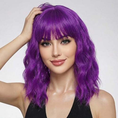 Image of Pastel Dark Purple Wavy Bob Wig for Women, Short Shoulder Length Synthetic Wig with Bangs, Matte Natural Realistic Look Lightweight Hairpiece, Purple Color for Daily Wear & Cosplay Costume