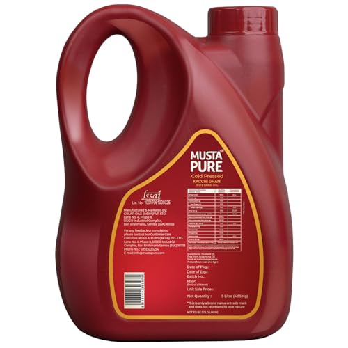 Image of Musta Pure Cold Pressed Kachi Ghani Mustard Oil 5 Litre Cooking Oil, Unrefined, Naturally Cholesterol Free, A1 Grade Real Seeds For Natural Aroma & Flavour For Roasting, Frying, Baking - Jar
