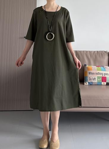 Image of Minibee Women's Summer Casual Midi Dresses Cotton Linen Short Sleeve Flowy A-Line Dresses with Pockets