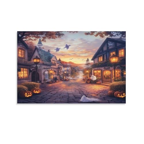 Toile de village d'Halloween impression giclée décoration murale esprit d'automne