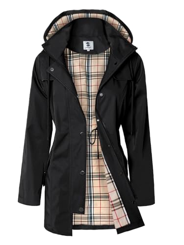 SaphiRose Women's Long Hooded Rain Jacket Windbreaker (Black, Large)