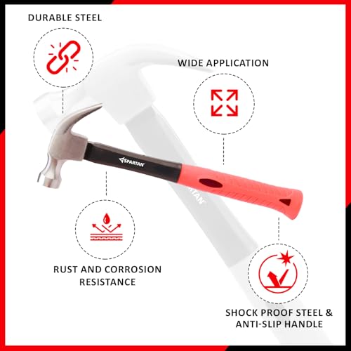 Image of Spartan Heavy Duty Claw Hammer with Forged Steel Head & Fibreglass Anti-Slip Handle | Flat Face & Nail Puller for Carpentry, Home Repair, Furniture Assembly & DIY Use