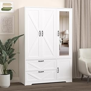 Armoire Wardrobe Closet with Mirror and 2 Drawers, 72”H Bedroom Armoire Wardrobe Cabinet with Hanging Rod and Light,Wooden Bedroom Closet with 3 Door