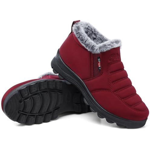 SHIBEVER Winter Boots for Women Snow: Women's Winter Red Ankle Boots Comfortable Size 8 Short Insulated Ladies Low Booties