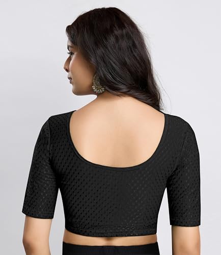 Image of TRENDMALLS Women's Dobby Pure Cotton Elastin Stretchable Readymade Round Neck Elbow Length Sleeves Blouse Choli Stylish Saree Blouse Ready to Wear