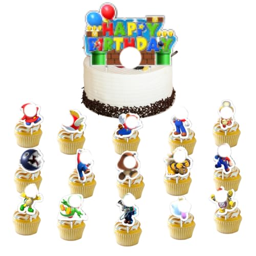 16 Piezas Adornos no comestibles para tartas，Cake Topper para Fiesta de Cumpleaños Niños，Decoracion para Tartas Infantiles，Adornos Tartas Cumpleaños
