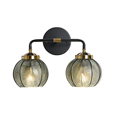Qufute Mid Century Vanity Light Black Bathroom Wall Light Fixtures Green Glass Wall Sconce lamp Ribbed Glass Shade Modern Art Deco Vanity Lights for Over Mirror Bedroom Hallway 2 Lights