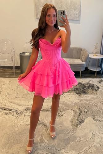 RYANTH Strapless Short Floral Homecoming Dresses for Teens 2025 Chiffon Tiered Prom Dress Ruffle Corset Cocktail Party Gown4