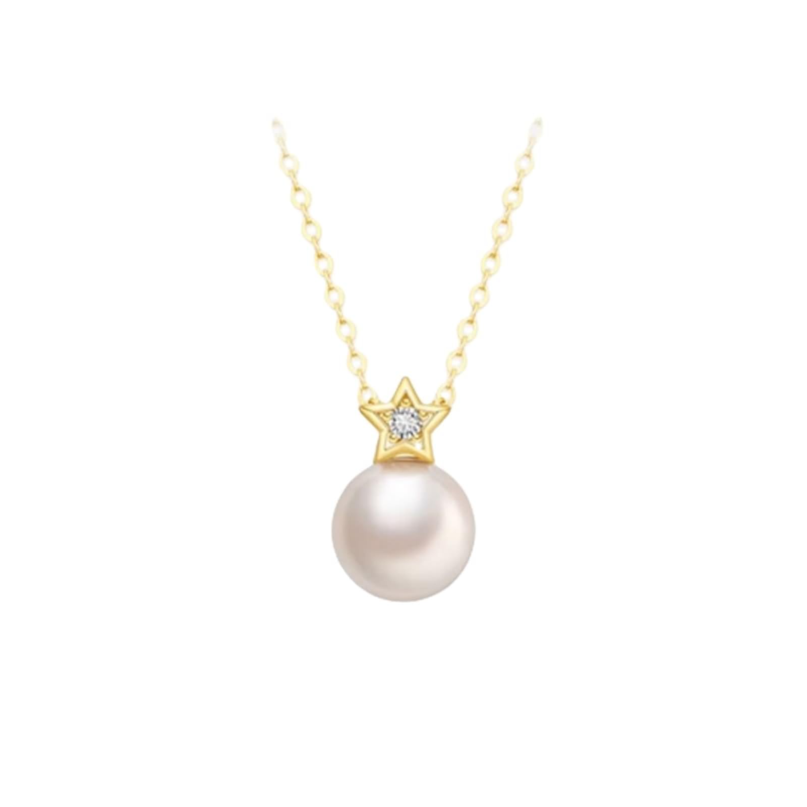 Naszyjnik Vintage, długi złoty naszyjnik z perłą 7-7,5 mm i 0,01 ct diamentowa zawieszka w kształcie gwiazdy, żółte złoto