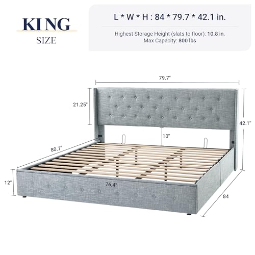 Allewie King Size Lift Up Storage Bed, Button Tufted Headboard with Wingback, Hydraulic Support, No Box Spring Needed, Grey Blue
