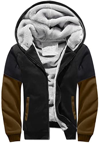VSUSN Herren Hoodie mit Reißverschluss, Kapuzenpullover mit Fleecefutter, Winter Warm Kapuzenjacke, Teddy Gefüttert Fleecejacke, Plus Dicke Sweatjacke mit Kapuze(Schwarz&braun,S)
