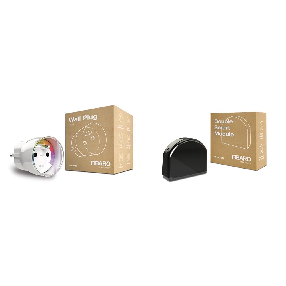 FIBARO Wall Plug/Prise Intelligente Type E, Z-Wave +, Incolore & Double Smart Module, Z-Wave Plus Commutateur Intelligent à Contact Sec à Deux canaux pour Deux appareils, FGS-224