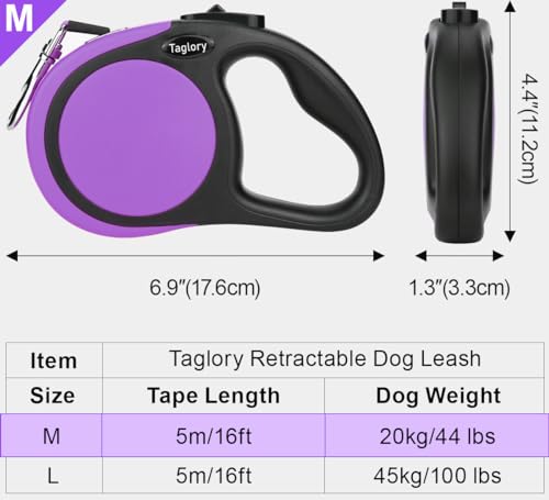 Taglory Hundeleine Rollleinen für Kleine und Mittelgroße Hunde bis 20kg, Hundeleine Ausziehbar mit Anti-Rutsch Griff, Ausziehleine mit Sicheres Bremssystem, Lila, 5m