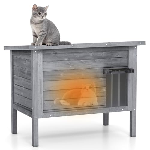 GYMAX Katzenhaus Outdoor Winterfest, Katzenhütte für Draußen aus Tannenholz mit geneigtem Asphaltdach, PVC-Vorhang & Erhohte FuiBe, Wetterfest...