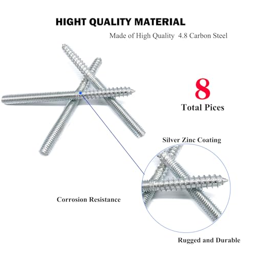 Image of 8-Pack 3 /8-16 x 5 Silver Hanger Bolts - Double Headed, Self-Tapping Hanger Screws for Furniture - 127mm Length