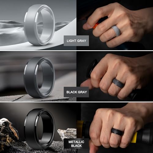 Image of Egnaro Men's Silicone Wedding Rings: Classic Black Step Edge Rubber band 10mm Wide 2.5mm Thick- Hypoallergenic for Gym /Outdoor /Gift(1 /4 /7 Variety Pack with Half Size)