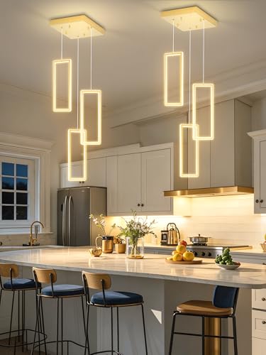 ykolupty Modern LED Chandelier Adjustable Hanging Gold Pendant Light Fixture 3-Light Rectangle Chandeliers for Kitchen,Island Stairwell Dining Room
