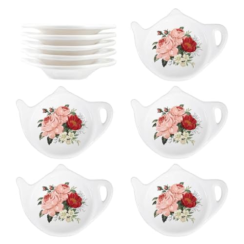 SOCOSY Vintage Flower Ceramic Tea Bag Coasters Spoon Rests Teabag Resting Caddy Holder Saucer Set Tea Coffee Accessories Seasoning Dishes Keep Your Tea Time Tidy and Organized-Chinese Rose-10 PCS