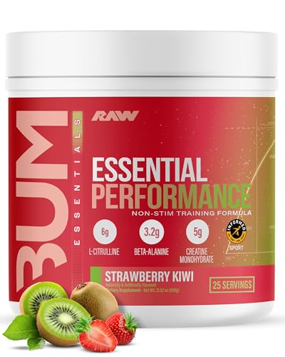 RAW Essential Performance Non-Stim Pre-Workout Powder - Preworkout for Endurance, Strength & Focus Without Caffeine or Stimulants - Creatine Monohydrate, L-Citrulline & Beta Alanine - Strawberry Kiwi